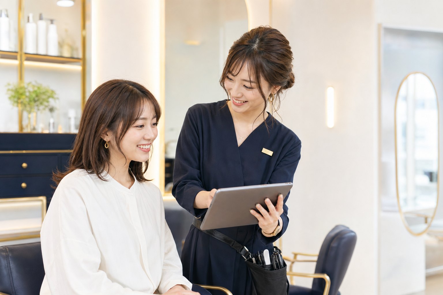 タブレットでカウンセリングする美容師とお客様