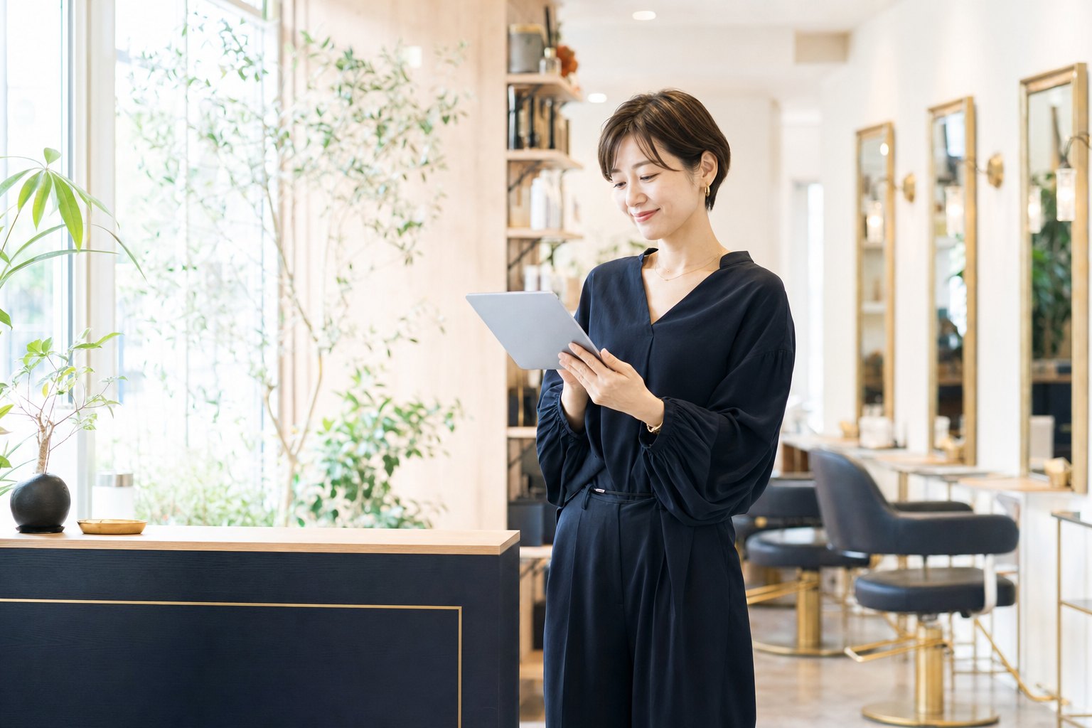 タブレットで予約を確認するサロンオーナー